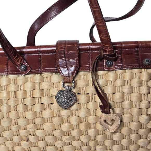 Brighton Woven Straw Satchel Womens Purse Leather Trim Ruth Style Heart Charm - Picture 3 of 12